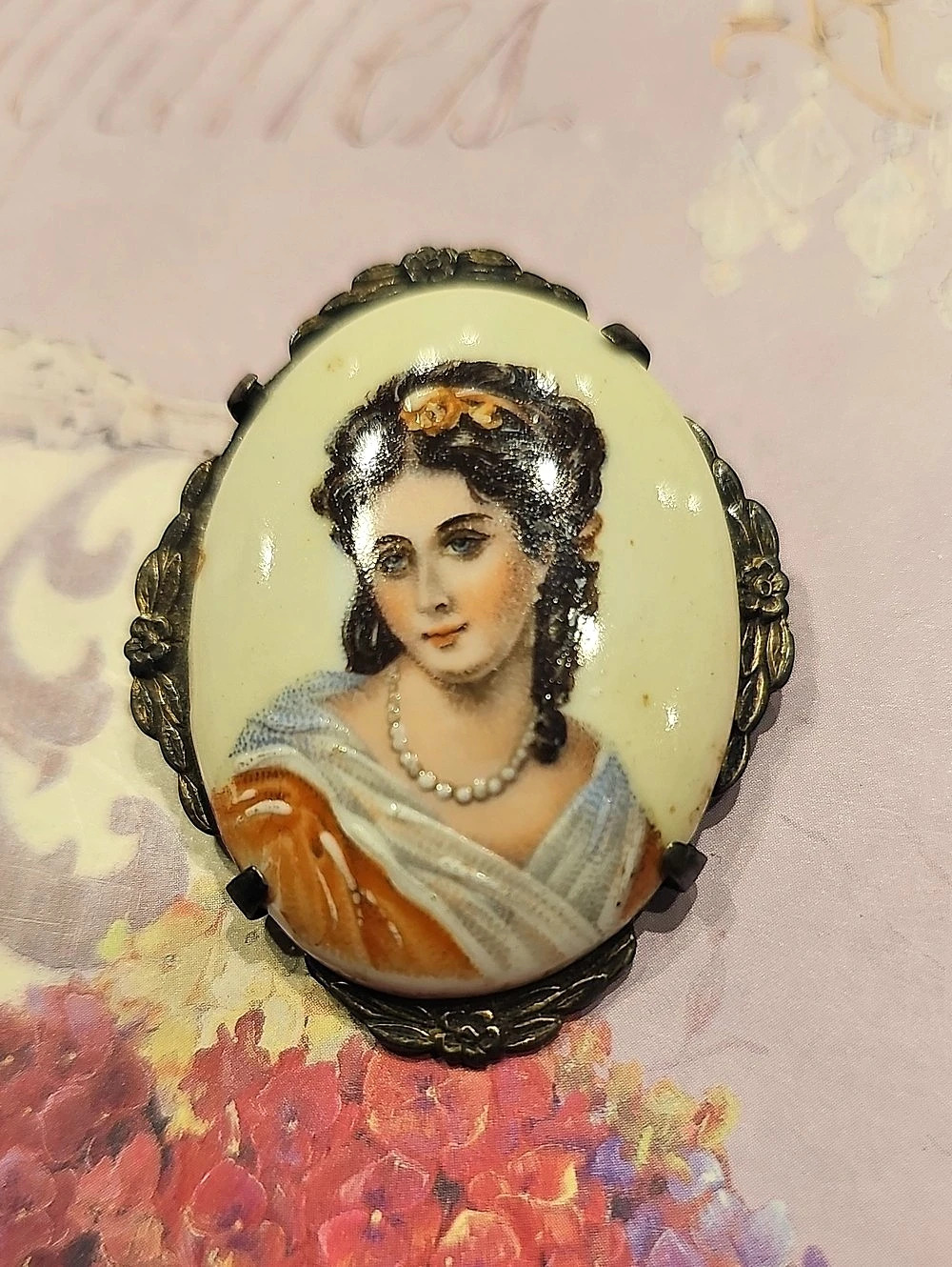 1920s Limoges Unique Hand-painted Porcelain Portrait Brooch In Sterling Silver